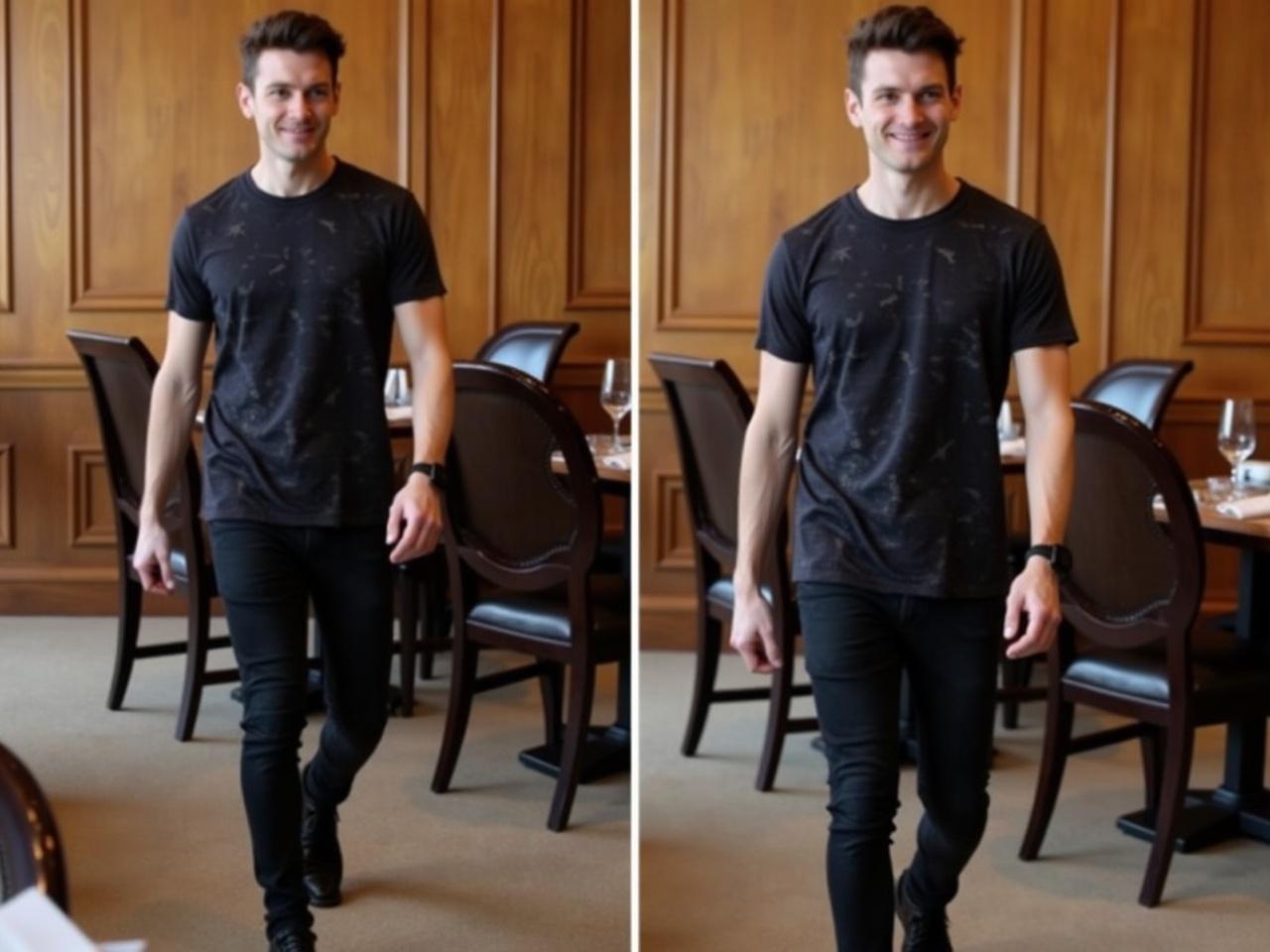 The image shows a person walking in a restaurant setting. They are wearing a dark t-shirt with a marble-like pattern and fitted black jeans. The shoes appear to be black and slightly worn. The background features wooden paneling and elegant chairs, suggesting a casual dining atmosphere. The lighting inside the restaurant seems bright and warm.