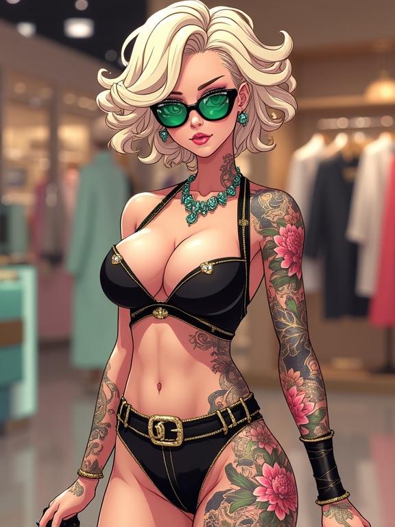 Anime woman aged sixty-seven in a high fashion store. She has emerald green eyes and light blonde curly hair. Jewelry includes light pink diamonds. Setting is a luxurious Chanel boutique. Tattoos are colorful and traditional Japanese. Outfit is edgy streetwear with a Kamakiri Ryu design. She has a cybernetic right leg and is wearing black diamond sunglasses. Scene is bright with a summer atmosphere.