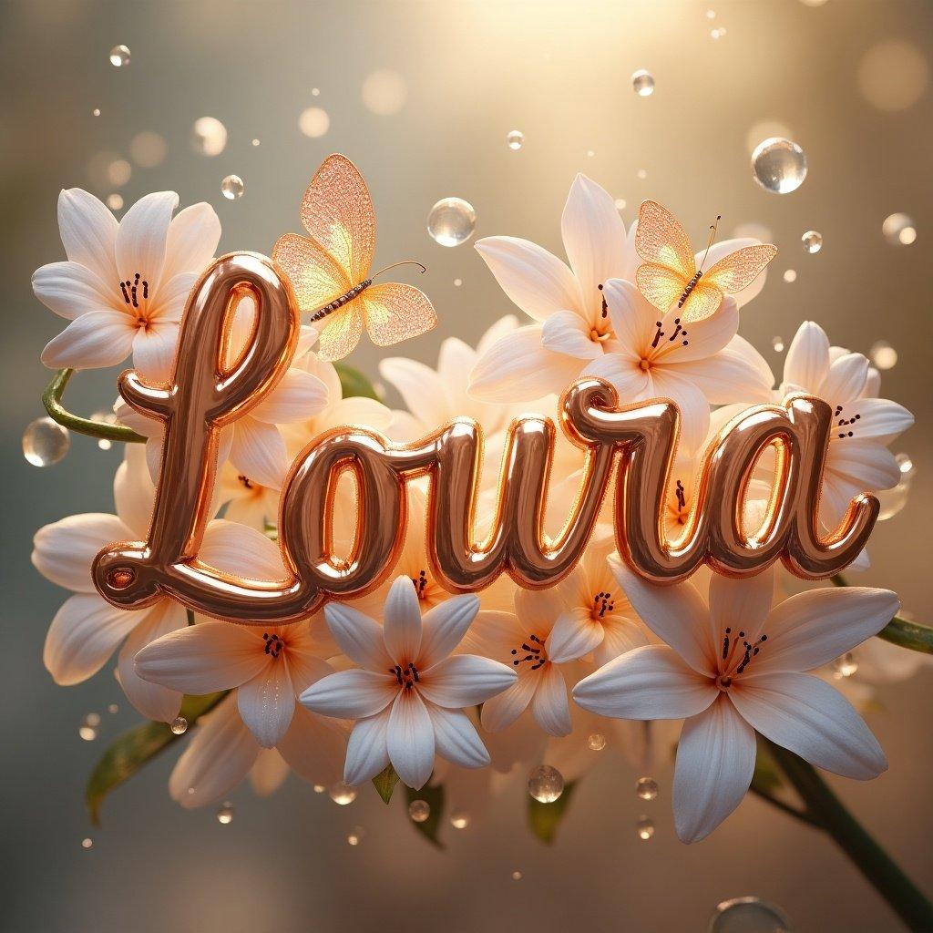 Rose gold butterflies with white lilies and dew drops. The name Laura in a large beautiful glowing metal font with a subtle reflection effect.