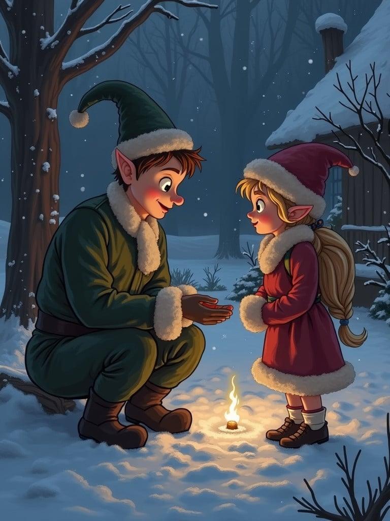 Scene depicting elf characters in a snowy environment near a glowing flame. Characters are interacting and embracing the cold holiday spirit.