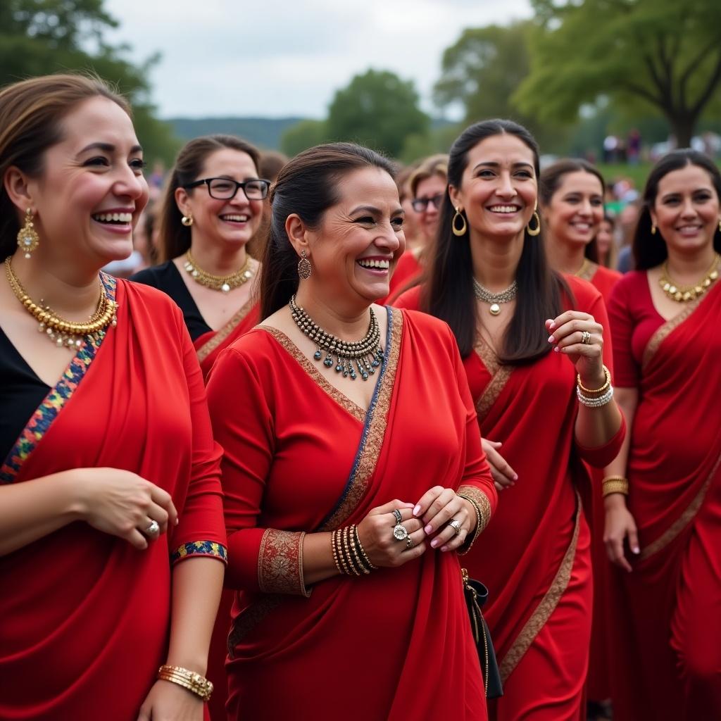 Group of women dressed in traditional red attire. Attire adorned with jewelry. Women expressing joy while celebrating at a cultural event.