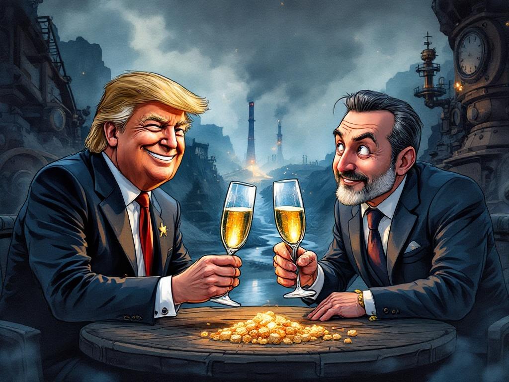 Ghibli-style cartoon with two smiling characters toasting with champagne. Rare minerals mine in the background. Dark steampunk fantasy. Watercolor illustration style.
