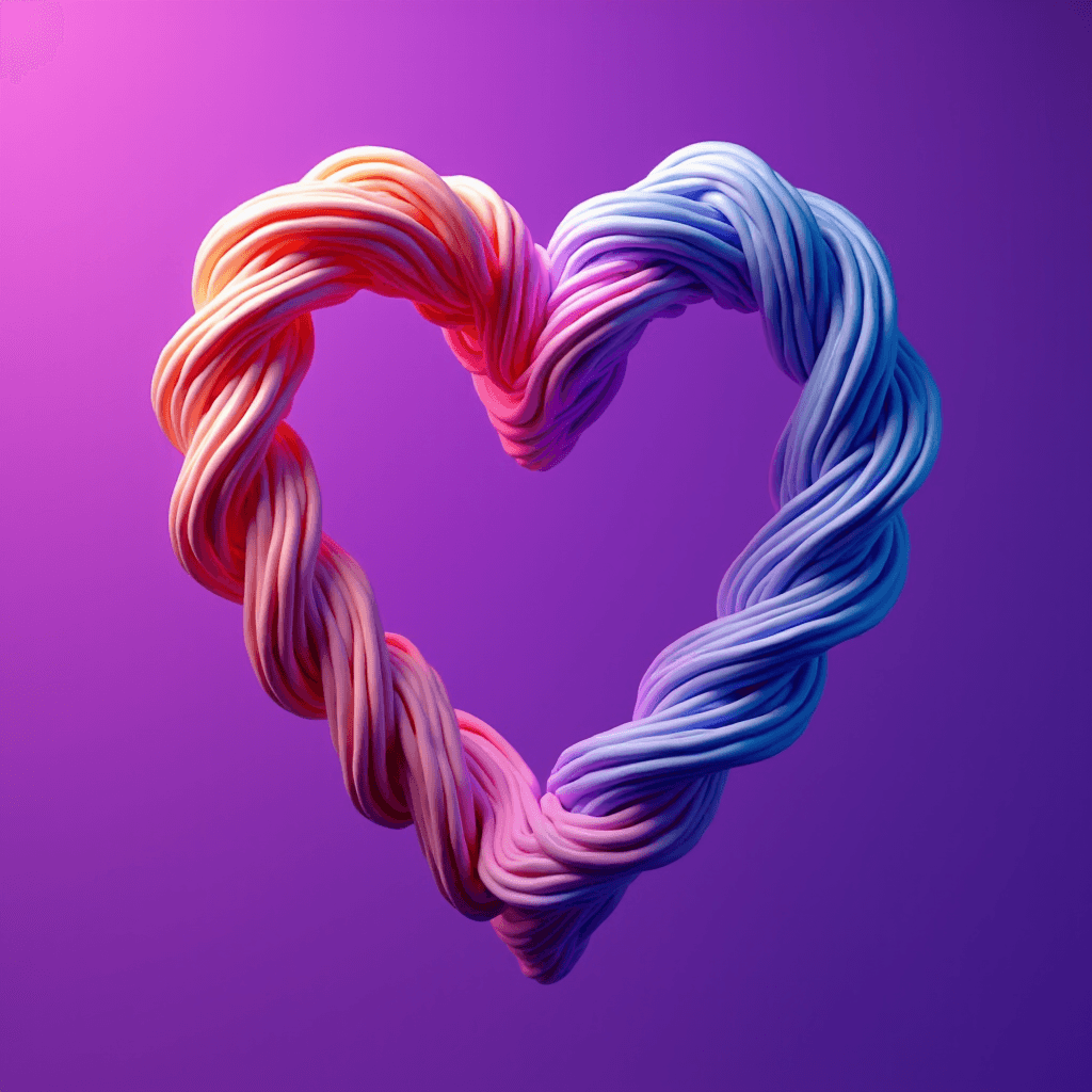 A heart shape formed by colorful intertwined strands on a gradient purple background.