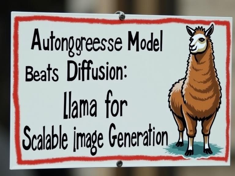 A sign features a cartoon llama illustration and text about AI. The text states that an autoregressive model beats diffusion for scalable image generation. The sign is colorful and engaging.