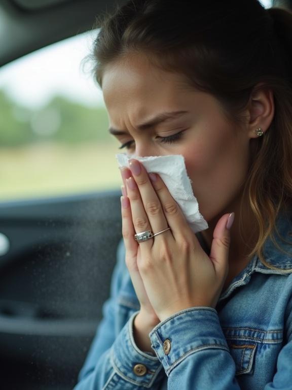 Person experiencing a dust allergy sneezing into a tissue while seated inside a car.