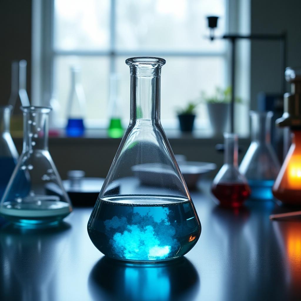 A three-neck flask with blue liquid in a laboratory setting. Various glass beakers and flasks in the background. Soft diffused lighting reflects on the surfaces.