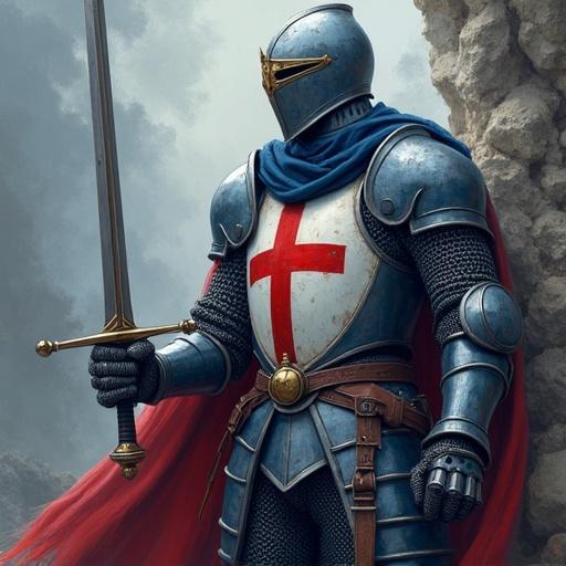 Illustration shows a knight wearing St Georges cross. The knight holds a sword prepared to face a dragon. The image uses navy blues maroons and greys in the hues.