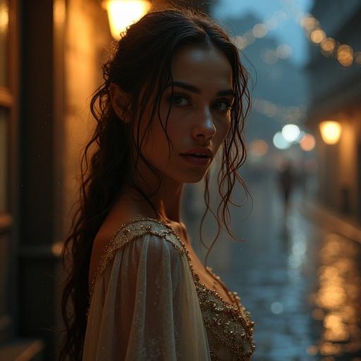 A beautiful woman stands under a flickering streetlamp on a rainy night. Wet hair clings to her face. She wears a translucent fantasy cloak glowing with magic. Her eyes shimmer like stars. The cobblestone street reflects golden light.