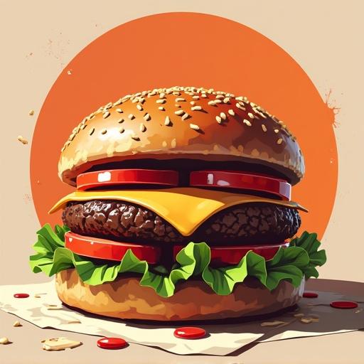 A graphic design poster showcases a new tasty burger. The burger features a sesame seed bun, melted cheese, fresh lettuce, and tomato slices. The background is a warm circular design enhancing the burger's appeal. Suitable for metro advertising campaign.