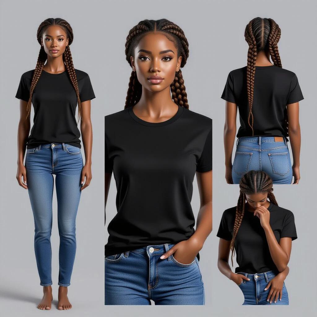 Photorealistic athletic female mannequin 32 age braided brown hair wearing plain black T-shirt denim jeans standing against light grey background