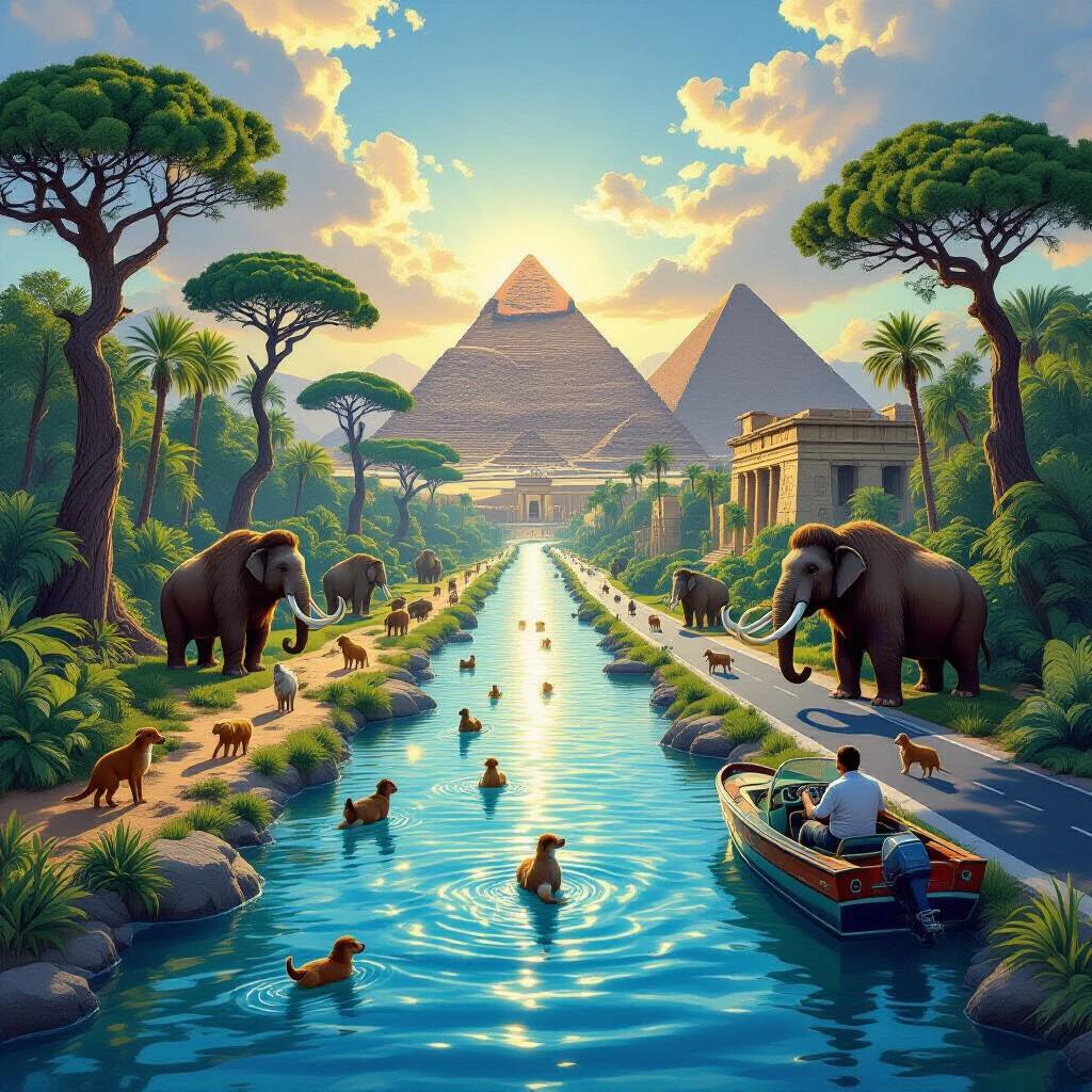 A beautifully illustrated scene showcases an ancient landscape on the right and a modern landscape on the left separated by a clear waterway. The right features lush forests with prehistoric animals like woolly mammoths and dinosaurs, ancient buildings, and iconic Egyptian pyramids. The left side displays a modern world with an asphalt road, contemporary animals like dogs and cats, and architectural marvels such as Burj Khalifa. The sky above transitions from the dawn of ancient times to the dusk of modernity, creating a gradient of color.