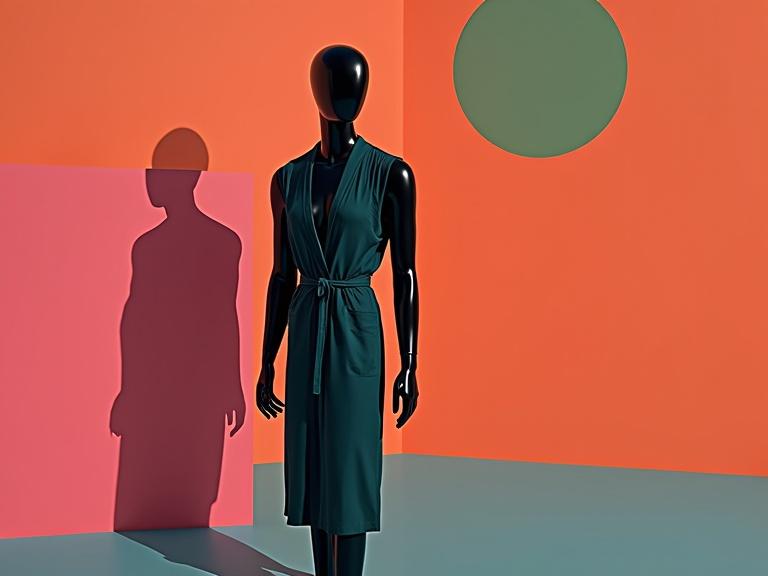 Black mannequin in form-fitting sleeping robe. Abstract shapes in background. Minimal and colorful design. Surreal composition with strong contrasts. Fashion editorial style photography.