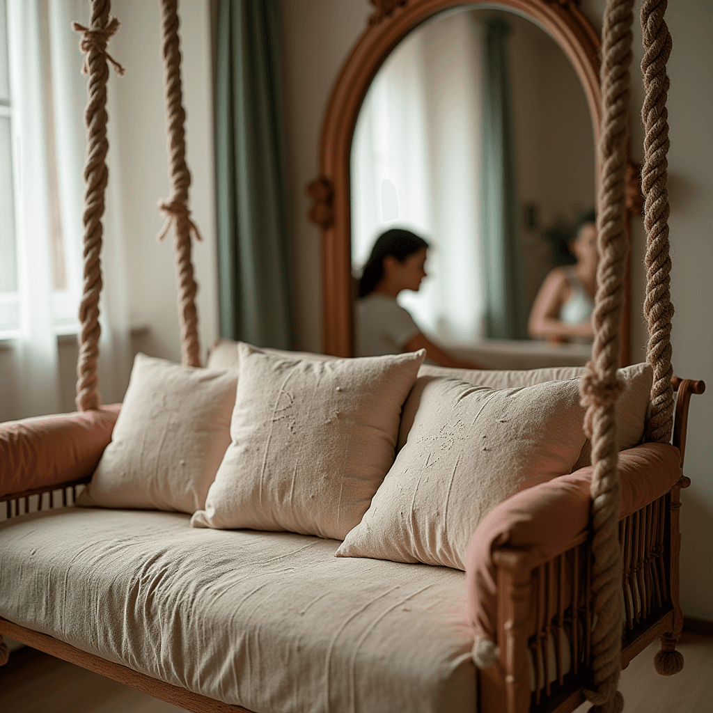 A swing-style indoor couch with beige cushions is suspended by ropes in a warmly lit room, and a blurred reflection of a person is visible in a large ornate mirror in the background.