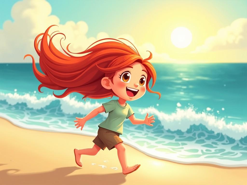 A young girl with red hair running happily along a sunny beach with the ocean waves in the background.