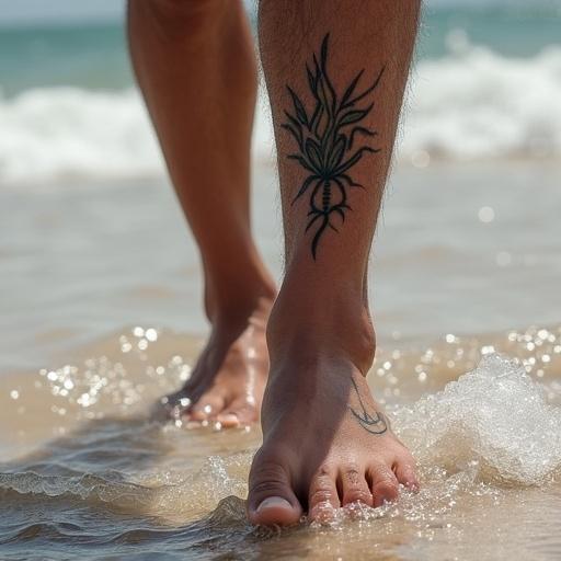 Foot with tattoo in the sand at the beach. Natural sunlight. Close-up of the foot. Water washing over the foot.