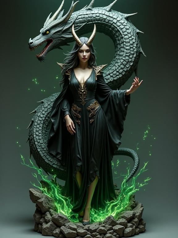 Sideshow style collectible resin sculpture of a dark sorceress. High horns, black and purple flowing cape. Standing on a rocky base wrapped in roots and magical green fire. Long staff with a glowing orb. Powerful and seductive expression. Tight dress with high neckline, sharp details, and elegant finish. Behind her, a huge dragon emerges from the shadows, wings extended, bright eyes, and body wrapped around the base. Background has fog, green fire, dark rocks, and mystical lights. Realistic style, ultra-detailed resin sculpture with physical texture, dramatic light, and impactful vertical composition.