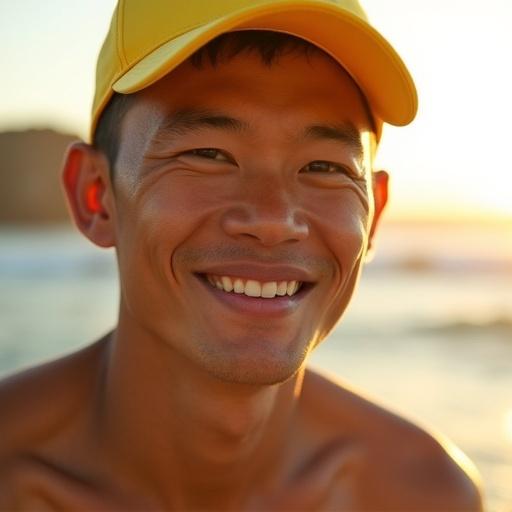 Close-up portrait of a Taiwanese man with relaxed outdoorsy surf vibe. Short buzz-cut hair. Bright yellow cap worn backward. Warm golden-hour sunset lighting. Coastal or cliffside background hints.