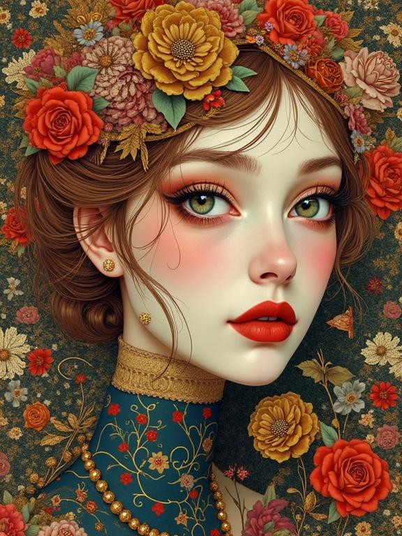 A beautiful woman with floral crown. Portrait features intricate details. Vibrant colors and elegance. Artistic style inspired by Klimt. Emphasis on facial expression and adornments.