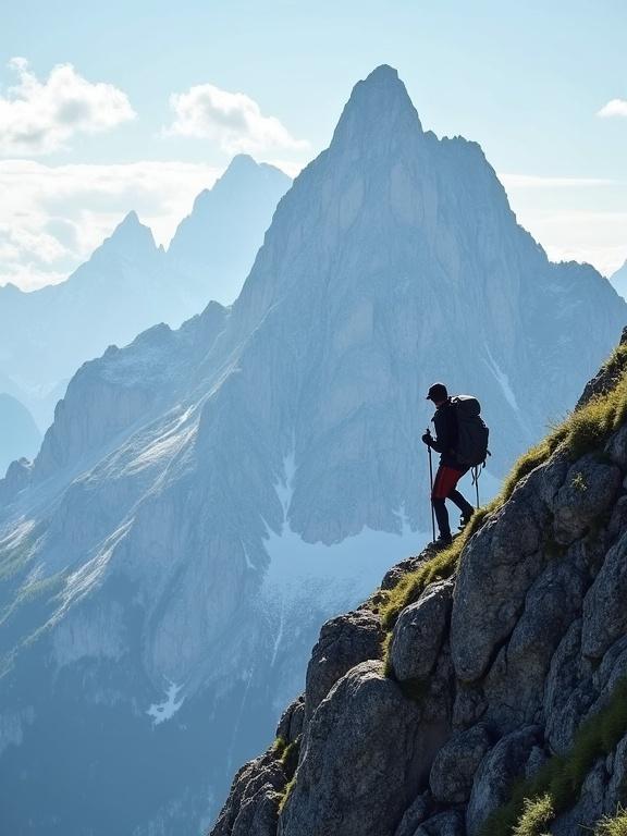 Hiker climbs the mountain Triglav in Slovenia. Mountains in the background. Landscape with natural light. Hiker carries a backpack. Rocky terrain.