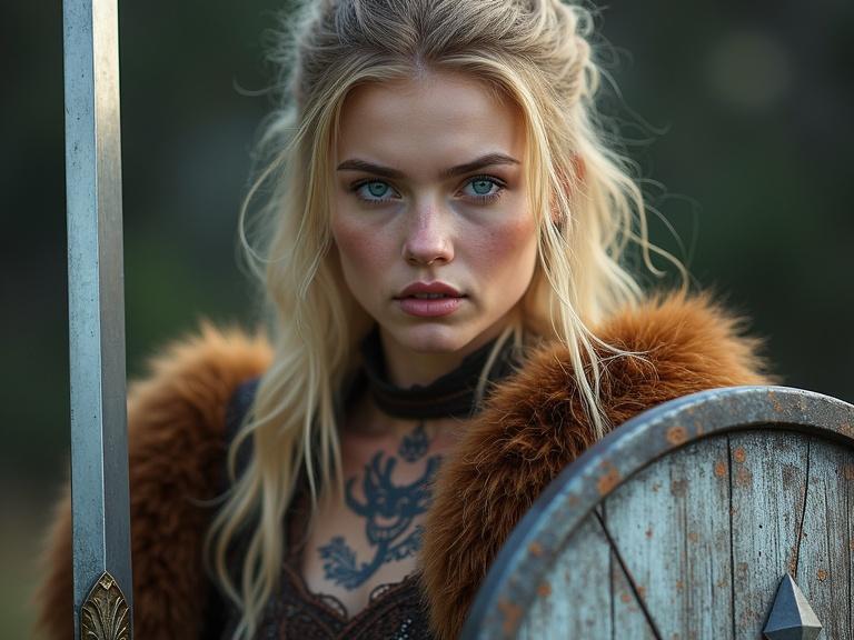 Image features a woman with Nordic features revealing blonde hair and striking blue eyes. Face adorned with Viking tattoos. Wearing bearskin clothing. Holding a sword and a shield.