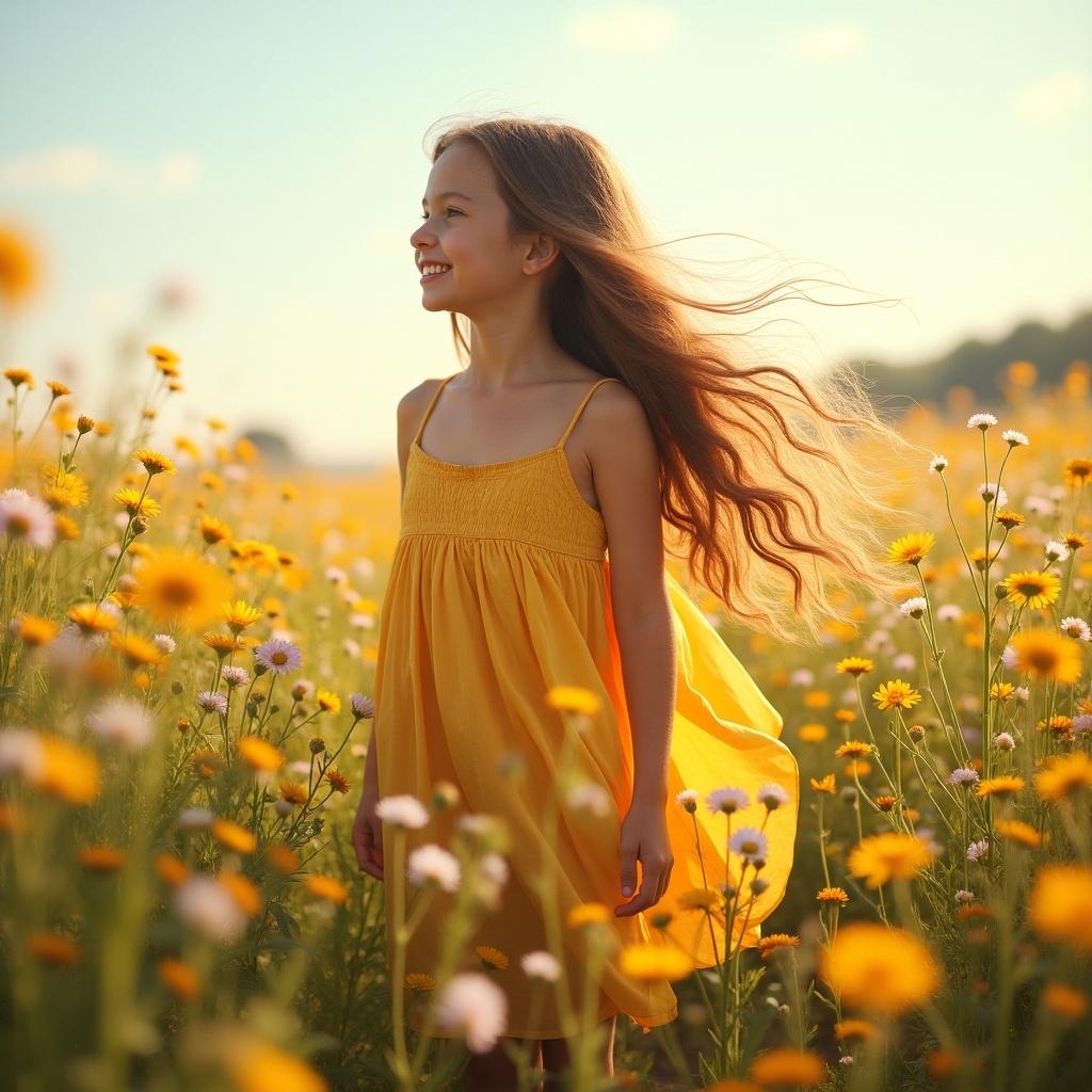 A girl wearing a yellow dress stands in a blooming flower field. Sunlight shines brightly, creating a warm atmosphere. The scene is peaceful and vibrant, capturing the beauty of childhood in nature.