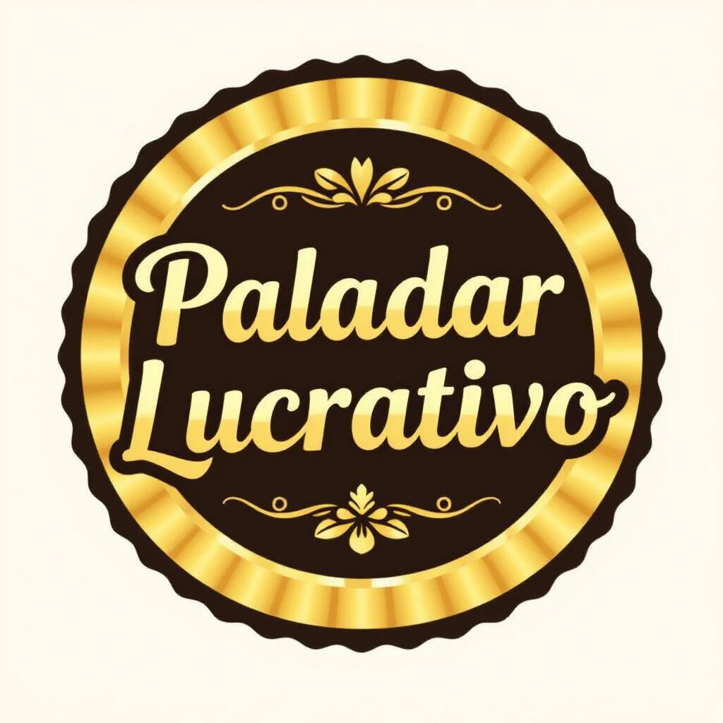 Minimalist and eye-catching design showcases the logo. Circular shape in shiny gold color. Features text 'Paladar Lucrativo' in elegant font. No additional particles or sweets included. It is a refined logo for a confectionery business. PNG format is ideal for branding uses.