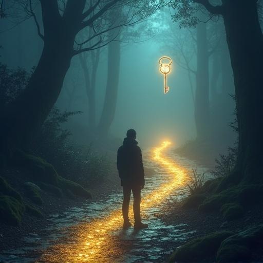 A person stands at a crossroad with two paths. One path leads to a glowing golden key. The other path leads to a silver key. The background feels immersive with a magical atmosphere. No text or icons are present.