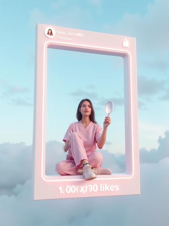 A massive Instagram-style frame is floating in the air against a cloudy sky. Inside the frame, a professional aesthetician in light pink scrubs sits confidently. She holds a syringe in one hand and a handheld mirror in the other. Neutral-toned medical shoes are partially visible beneath her crossed legs. The frame is white with a glowing neon-medical aesthetic. Bold text below reads “❤️ 1,000,000 likes.” A miniature 3D avatar icon glows in the top-left corner. The scene features clinical-chic aesthetics, soft golden-hour lighting, and hyper-detailed textures. The image presents in a photorealistic style, portrait aspect ratio.