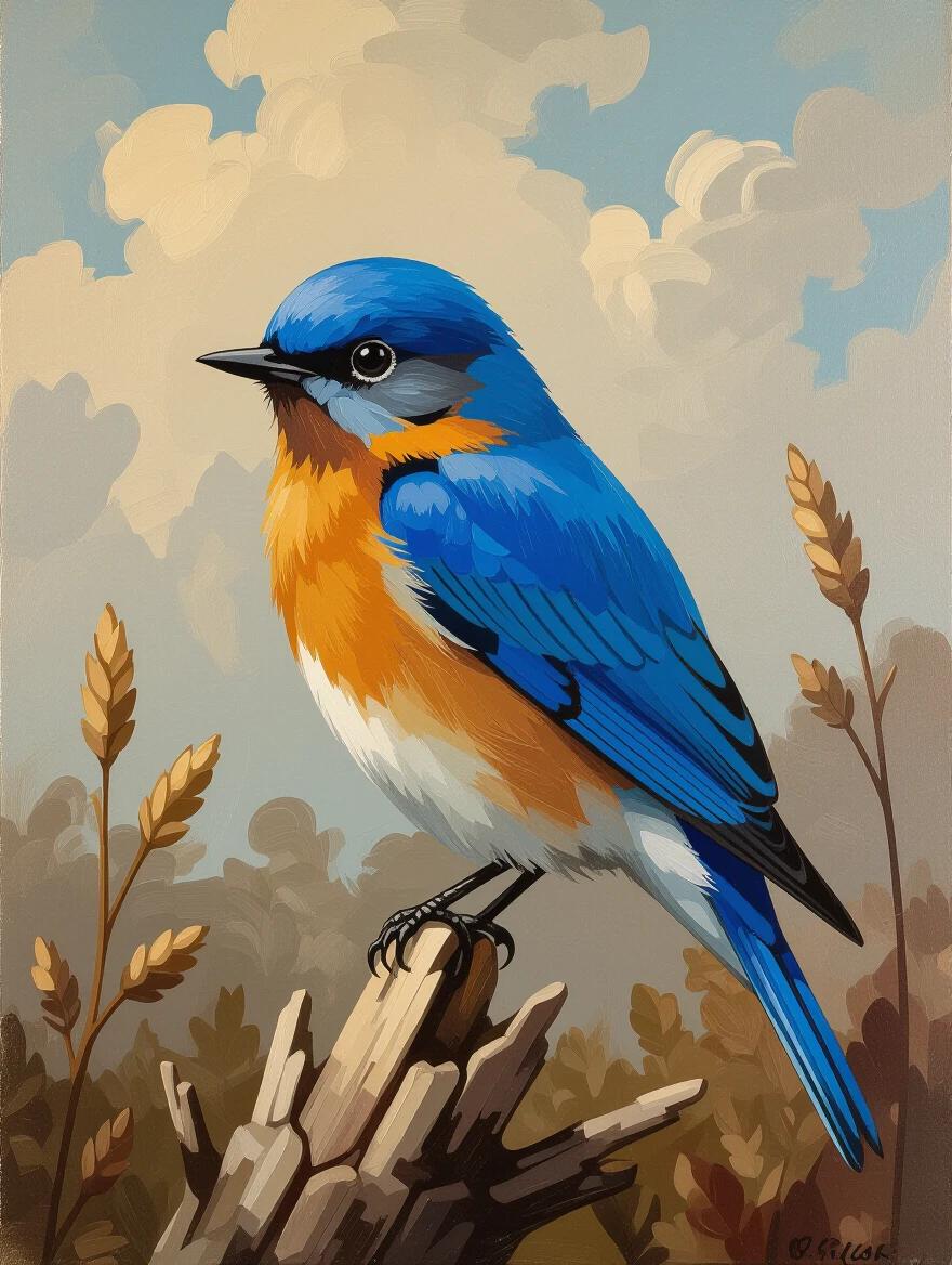 Illustration showing a vibrant bluebird on a branch. The bird features a striking blue and orange plumage. Background includes soft clouds and earthy tones. Artistic style resembles Gustav Courbet's romanticism.