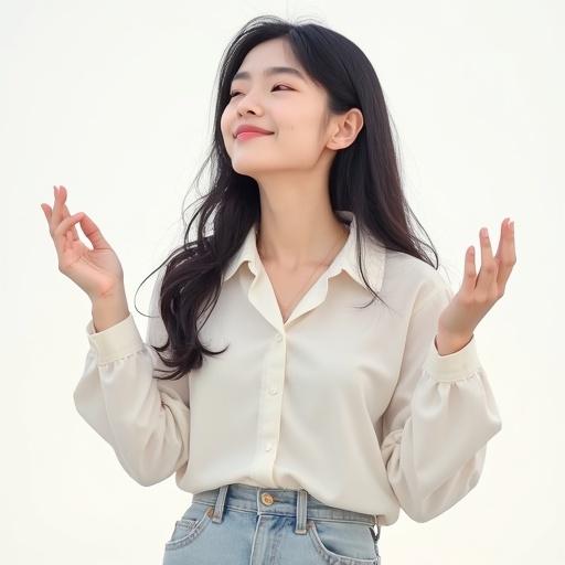 Woman in 20s wearing a casual white blouse shows a refreshed expression with hands raised fingers pointing upwards. She has long straight black hair and is smiling gently while standing against a clean background. Soft natural light bathes the scene.