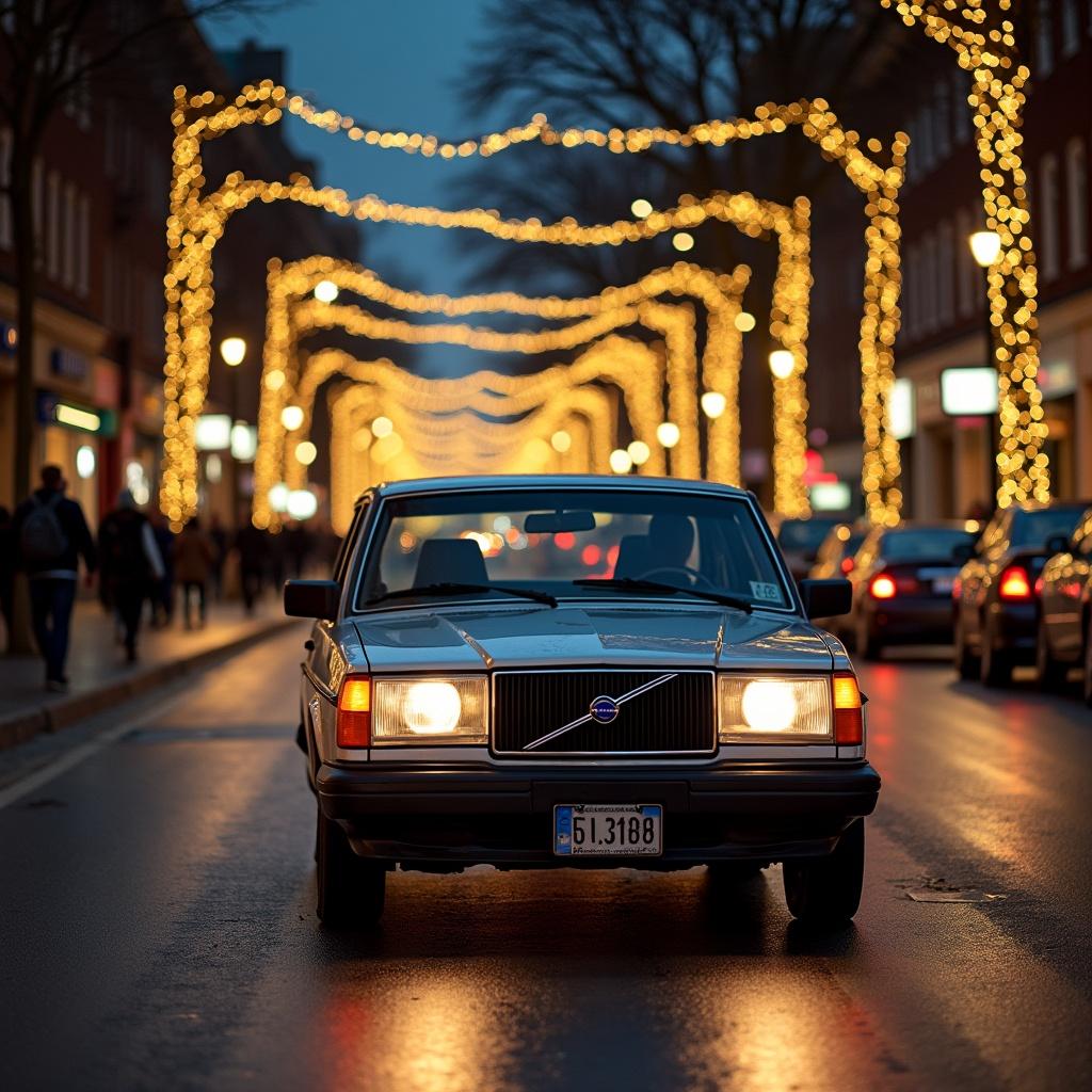 A Volvo 240 sedan drives through a street decorated with Christmas lights. The street is illuminated in the evening. People walk along the sides.