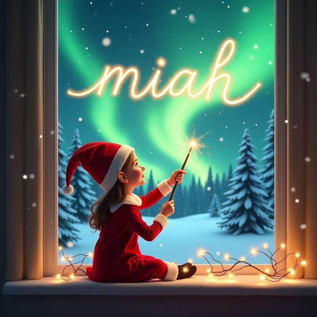 This image features a charming child dressed in a festive red and white outfit sitting on a windowsill. The child is using a sparkler to write 'Maria' in the air, illuminating the scene with a magical glow. Outside, the northern lights dance across the sky above a snowy landscape, enhancing the enchanting mood. Soft twinkling lights are draped in the foreground, adding to the coziness. The entire setting evokes a sense of holiday wonder and joy, perfect for celebrating the festive season.