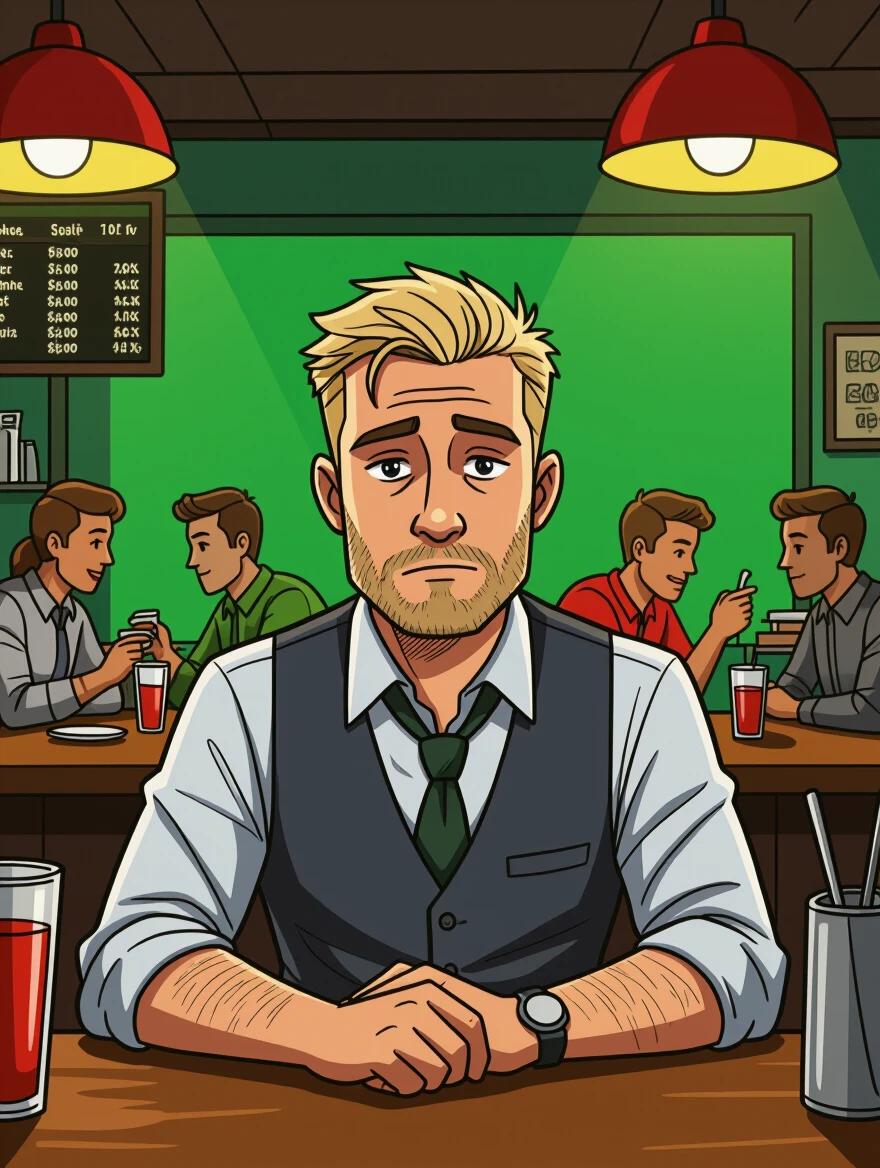 Artistic representation of a tired American salesman behind a crowded restaurant counter. Sparse blond hair and small beard. Green background enhances the environment. Comic book style artwork.