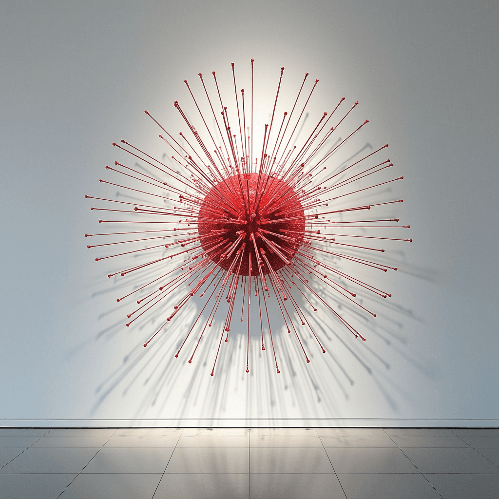 A vibrant red spherical sculpture with spikes extending outward, creating a sunburst effect against a white wall.