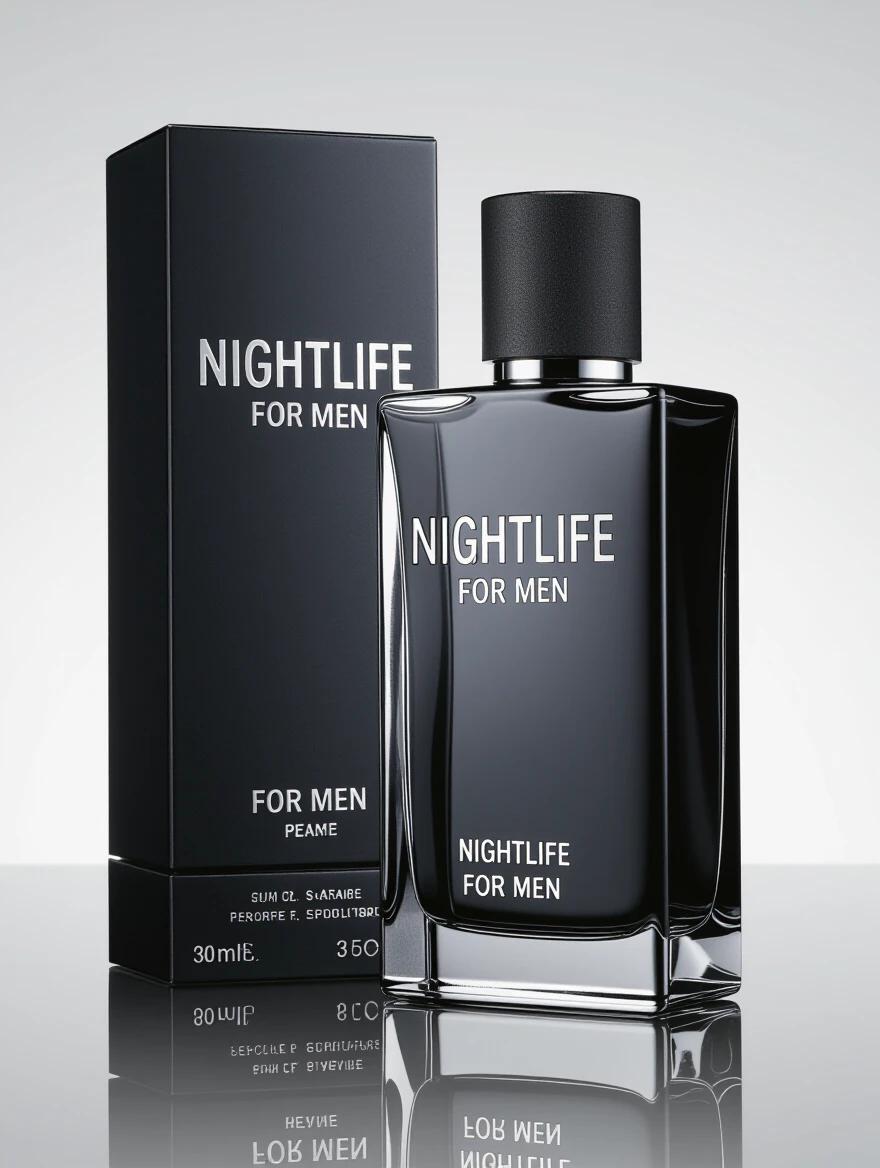 Product photo of a men's perfume named Nightlife for men. The bottle is tall and rectangular with dark glass. It has a matte black cap and silver lettering. The label says Nightlife for men in bold font. The bottle is upright with a slight reflection on the surface below. Packaging is included in the shot.