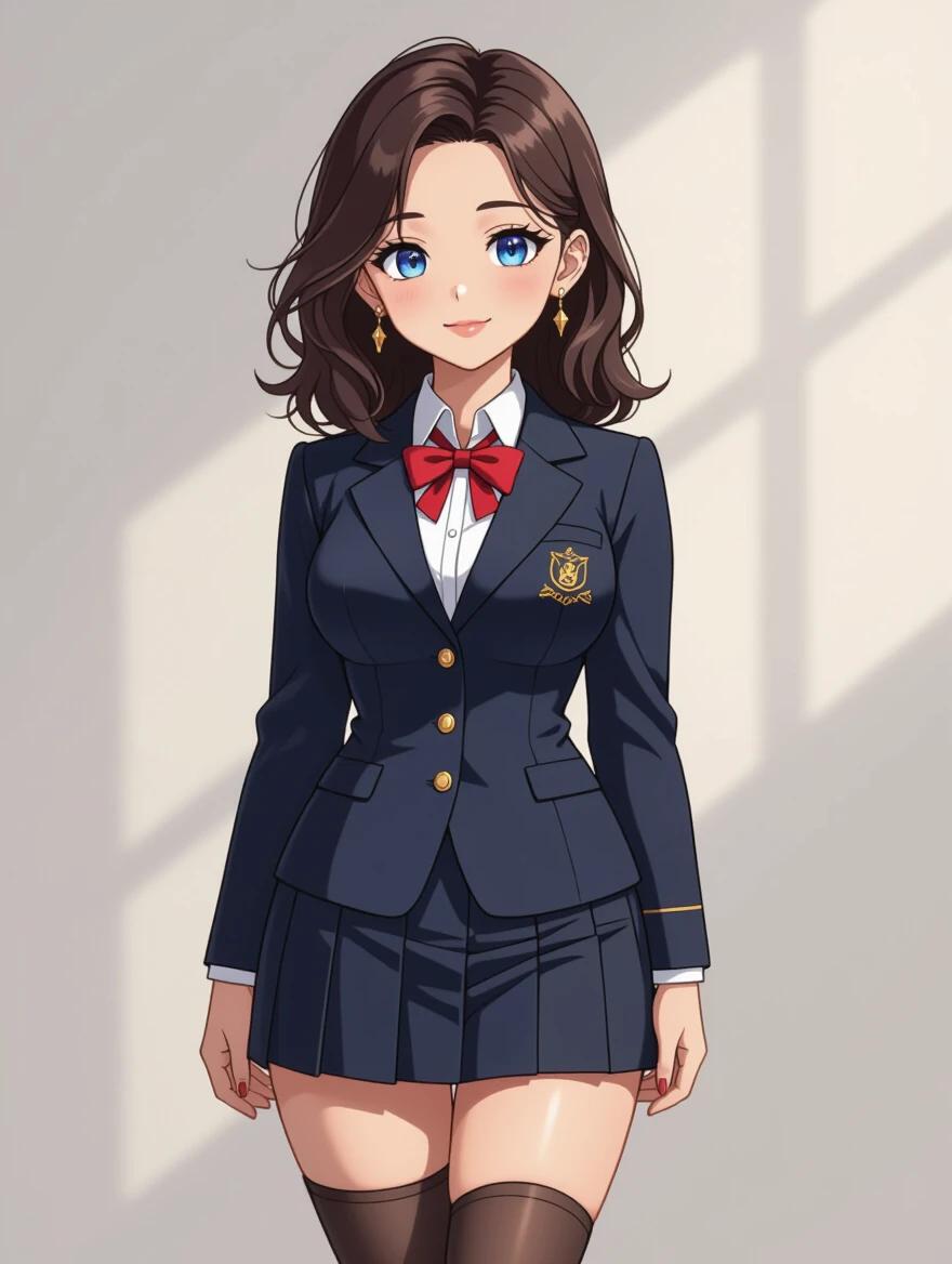 Full body image of a female character. She wears a navy blue school uniform. The outfit includes a fitted jacket with a school crest and a padded skirt. The character has dark brown hair styled in a shoulder-length messy cut. Her appearance features liquid-blue eyes and a plump body with wide hips. She accessorizes with flashy earrings and wears high-knee socks. The lighting is soft and diffused, enhancing the details in the clothing and features.