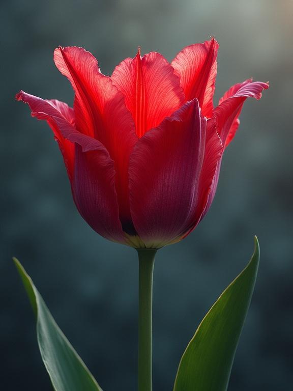 Realistic illustration of a single detailed tulip named queen of the night. The tulip stands tall with vibrant red petals. Soft light enhances the flower's features against a dark background.