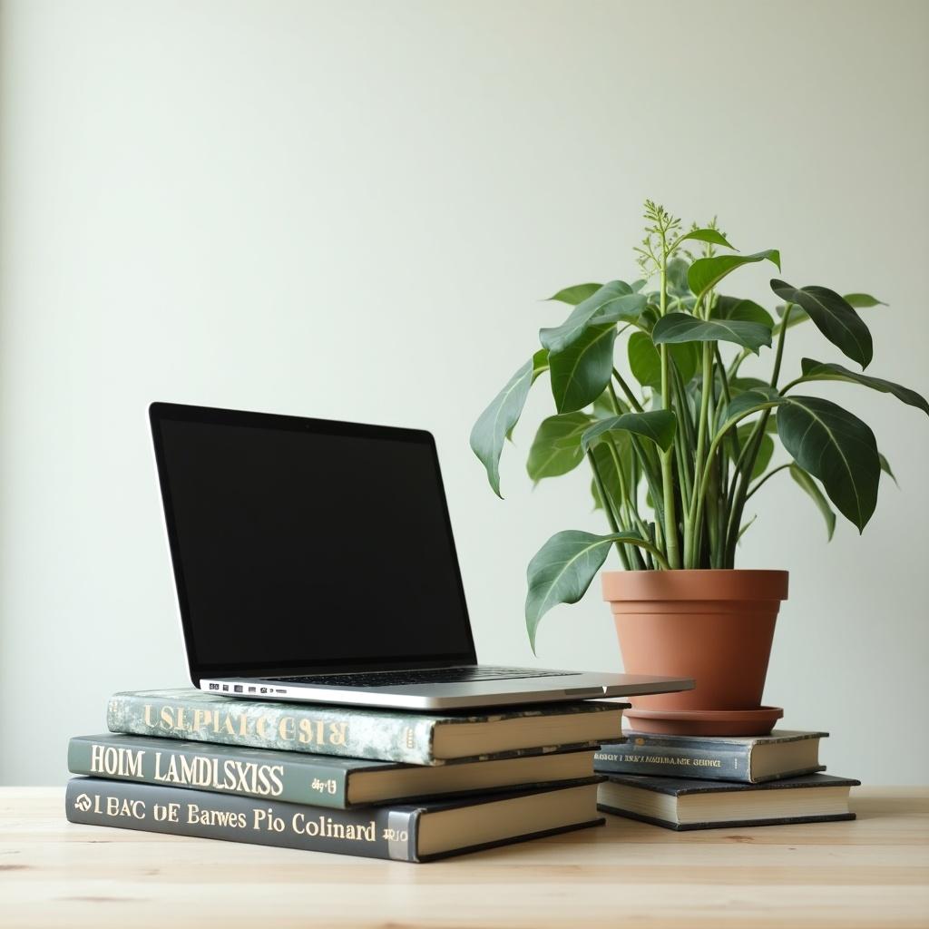 A modern laptop is positioned on a stack of books focused on plant care and science. The books are stacked neatly, creating a sophisticated desk setup. Next to the laptop is a potted plant, adding a touch of nature to the scene. The plant appears to be wilting slightly, suggesting the need for care. The overall aesthetic is minimalist, with soft natural lighting casting gentle shadows on the desk.