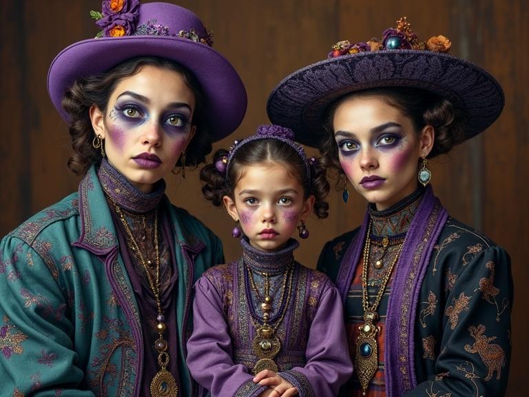 Surreal whimsical portrait of a gypsy family dressed in eccentric attire shades of purple teal and black intricate clothing patterns pin-striped paisley detailed contrasting brown and purple background hyperdetailed
