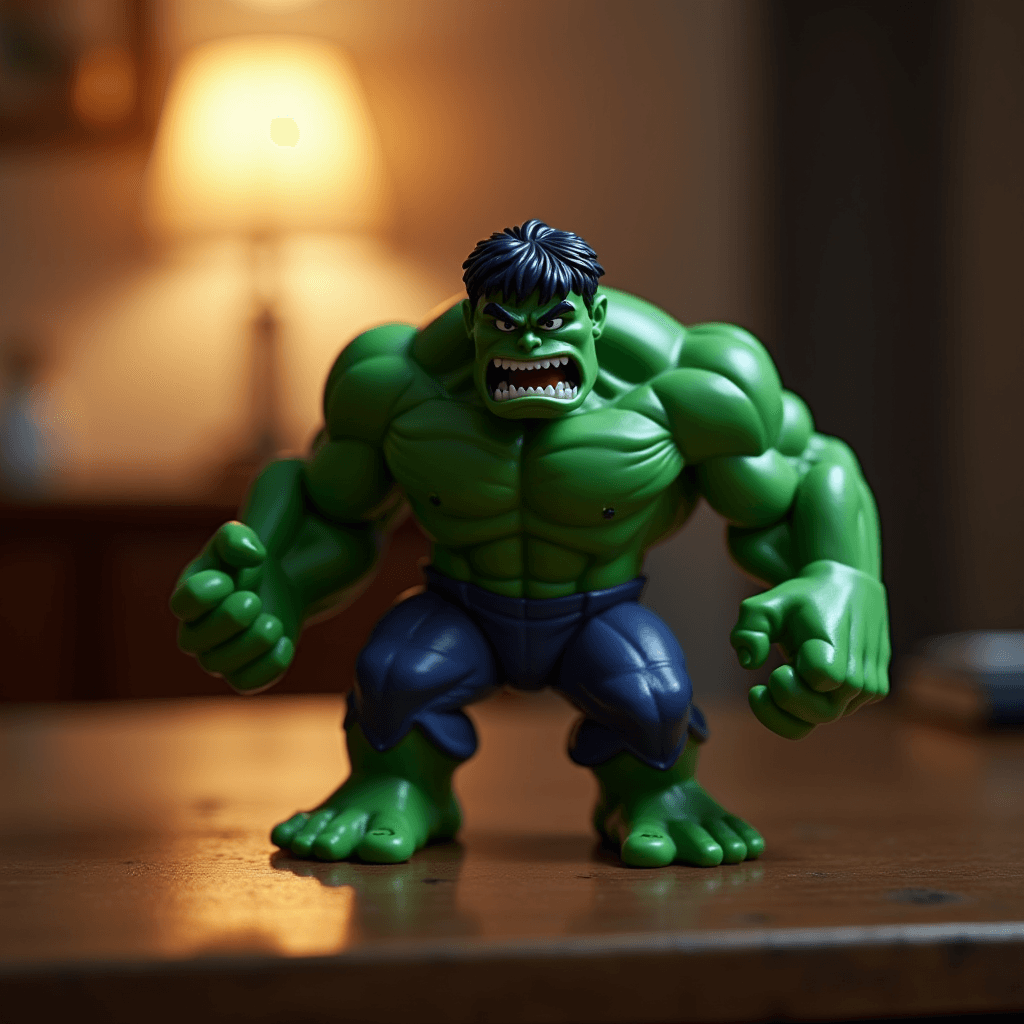 A toy figure of a green muscular character, resembling Hulk, stands on a wooden table lit by a warm lamp in a cozy room.