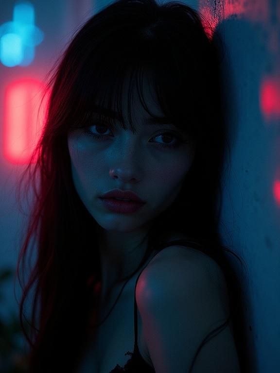 A stunning photograph of a woman styled in a neon-lit pop art manner. Dramatic lighting creates a gothic and moody effect. Her long black hair drapes over one eye. The background is dimly lit with neon glows. The focus is on her shoulder with deep shadows and soft film grain. A captivating blend of beauty and surreal elements.