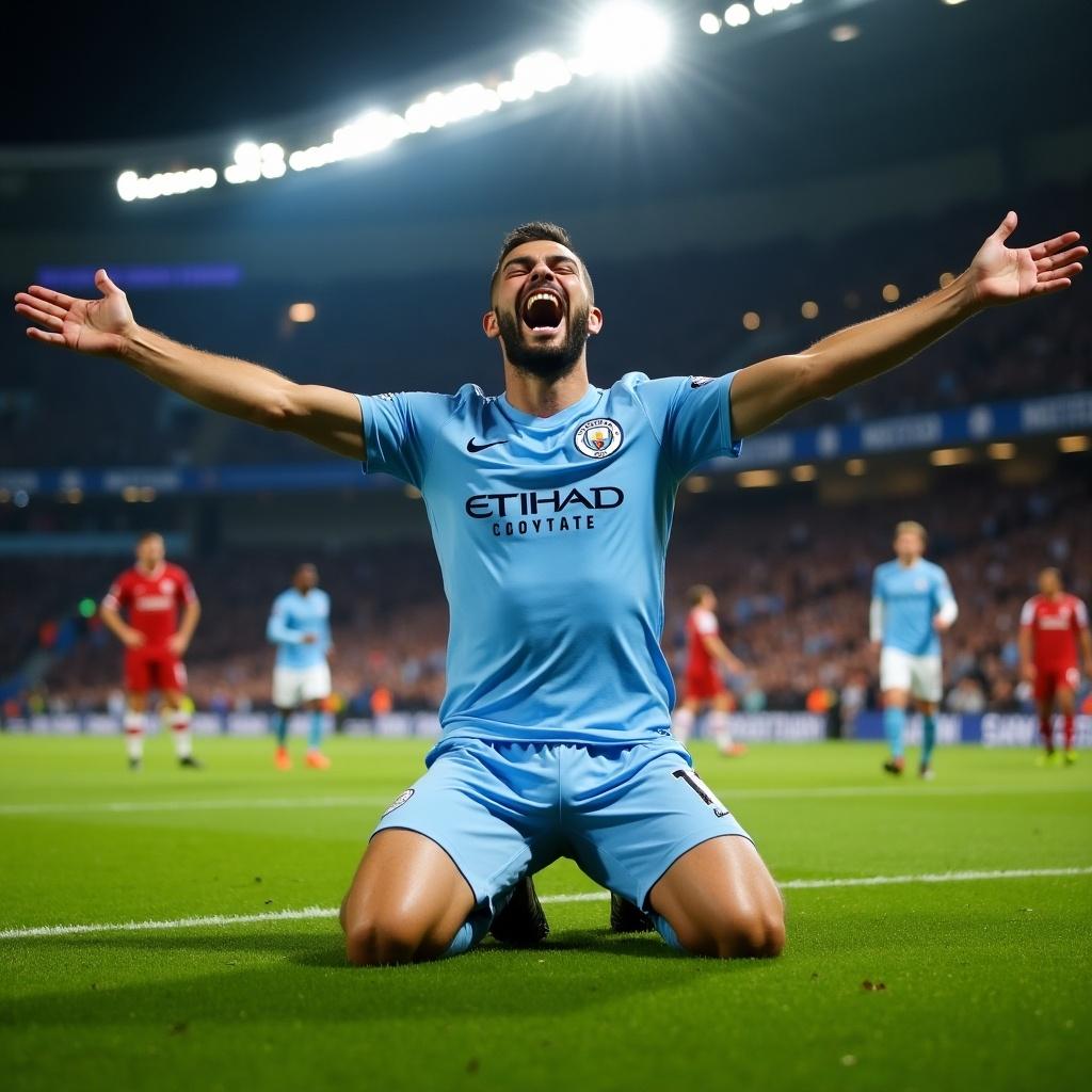 Football player celebrating after scoring a goal. Player wearing light blue jersey with Manchester City logo. Arms spread wide in joy on knees. Lush green pitch and bright stadium lights. Backdrop filled with spectators.