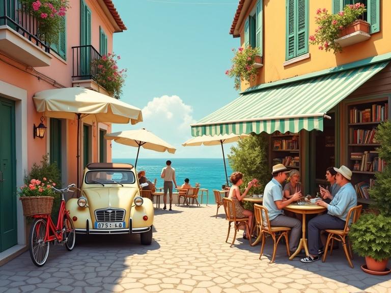Nostalgic coastal bookshop street scene in France. Colorful townhouses line a cobbled street. A vintage Citroën 2CV parked beside a red bicycle. Locals sipping espresso under parasols. Sea glimmers in the distance. Highly detailed painterly style with warm light.