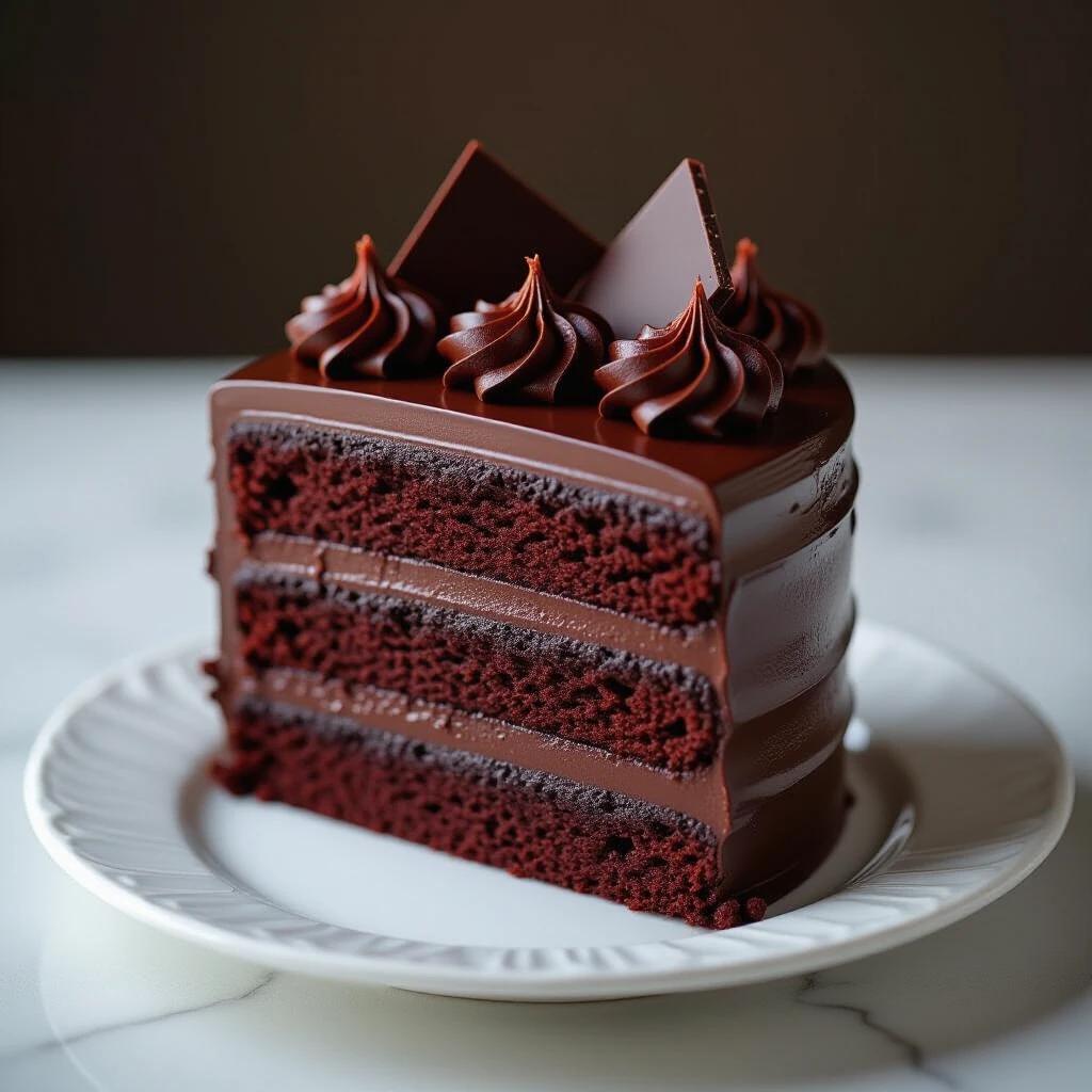 A hyperrealistic dark chocolate cake with intricate details. Cake has three layers with rich chocolate frosting. Topped with chocolate decorations and swirls. Placed on a white plate against a smooth dark background.
