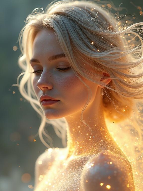High-quality photo of an ethereal female figure with fantastical features. Skin has a transparent, crystal-like look and emits a warm golden glow. Hair flows like liquid metal with a shiny finish. Surrounded by a shimmering aura of glowing particles. Soft diffused lighting highlights the unique characteristics. Medium shot against a simple out-of-focus background.