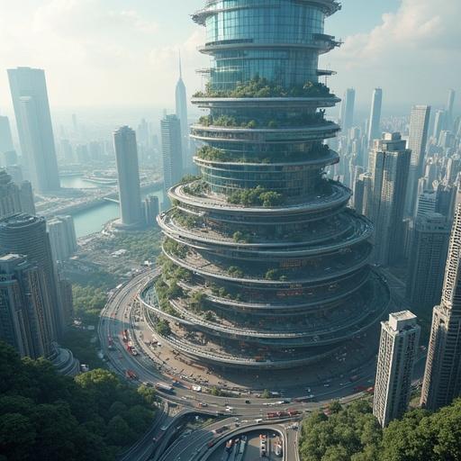 Aich represents modern urban design with extensive skyscrapers interwoven with nature. The skyline features layered buildings connected by walkways and drone transport. An intricate underground system supports millions. The city is a global economic powerhouse with advanced technologies.