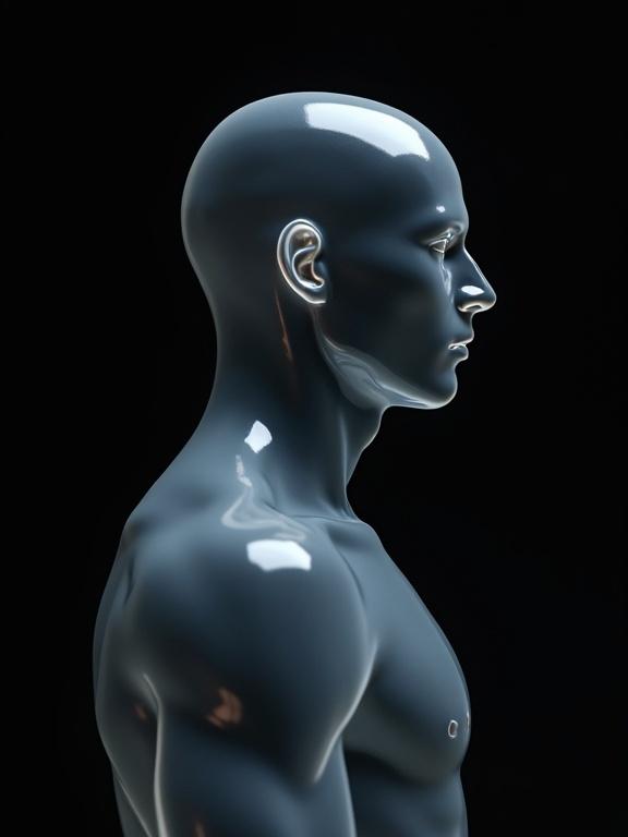 Side view of a mannequin with transparent matte plastic texture on a black background
