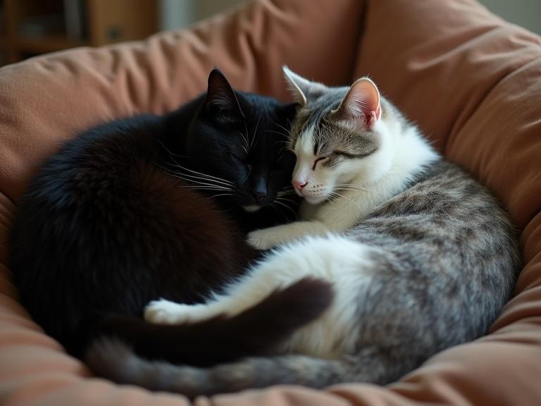 Ultra-realistic photo of a black cat and a white and gray Norwegian Forest cat curled up together on a velvet cushion. They are sleeping peacefully with their tails intertwined. Lighting is warm and diffused, creating a cozy atmosphere. High-resolution with fine fur texture detail.
