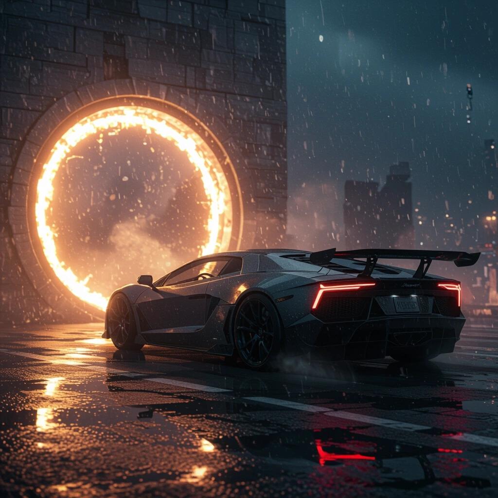 A dark epic scene featuring a supercar positioned in front of a glowing portal on a rainy background. The atmosphere is dramatic with reflections from the rain.