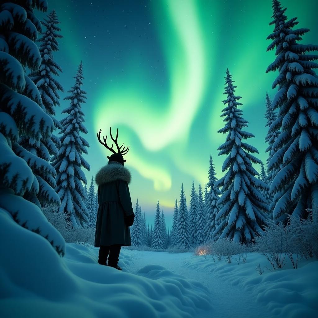 A mystical scene depicts an elf standing in a snow-covered forest. The vibrant northern lights illuminate the sky in shades of green and blue. The elf, adorned with antlers, gazes in awe at the spectacle above. Snow-laden trees surround him, creating a serene winter wonderland. The mood is magical and peaceful, inviting viewers to experience the beauty of nature's wonders.